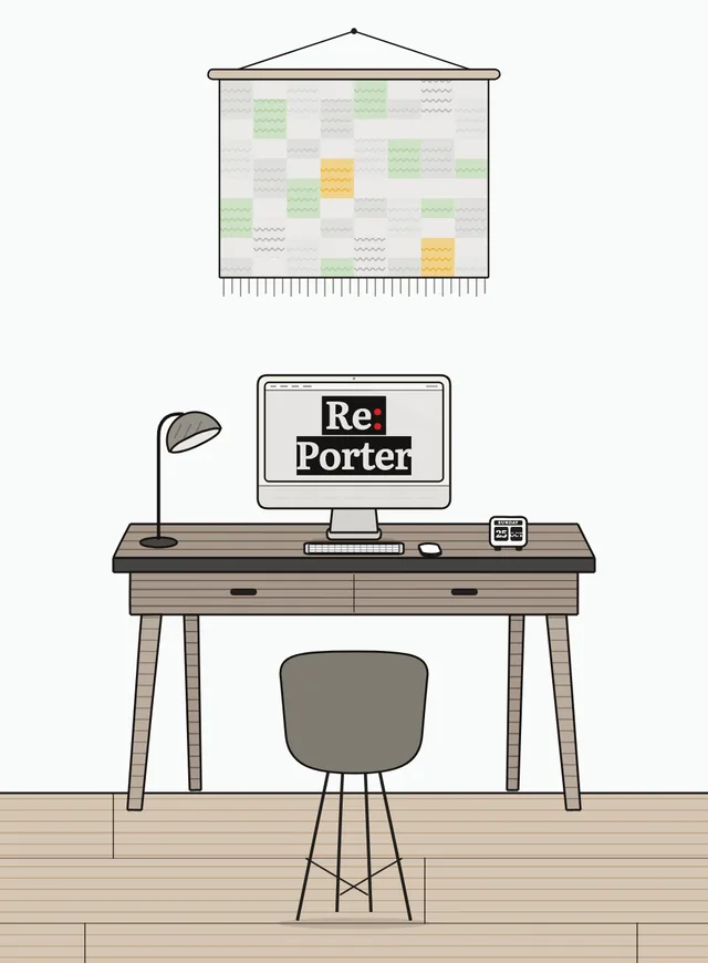 A hand-drawn desk: an iMac with Re:Porter on its screen under a pale woven wall hanging, a wireless keyboard and mouse, a desk lamp, a flip calendar and an olive shell chair.